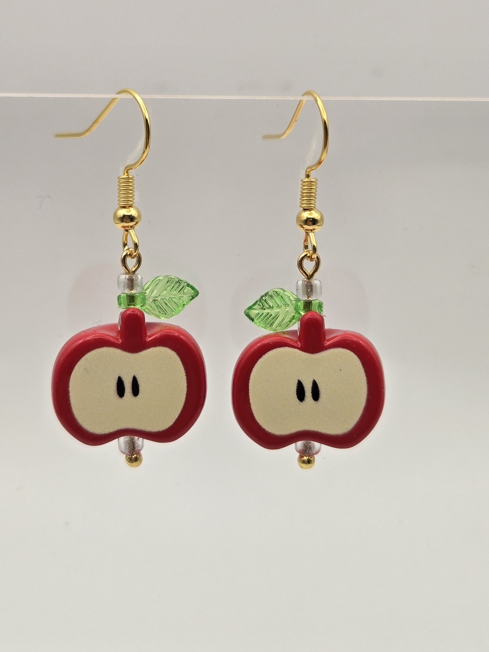 Playful Red Apple Drop Earrings with Green Leaf - Women Jewelry